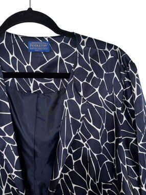 Pendleton Blue & White Print Silk Blend Cropped Open Front Blazer - Sz L (Est.)